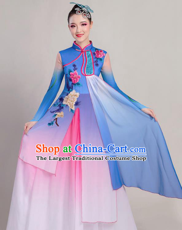 Chinese Traditional Umbrella Dance Stage Show Blue Dress Classical Dance Fan Dance Costume for Women