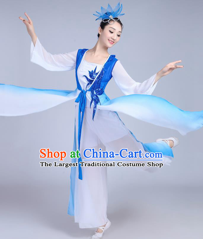 Chinese Traditional Umbrella Dance Blue Dress Classical Dance Round Fan Dance Costume for Women