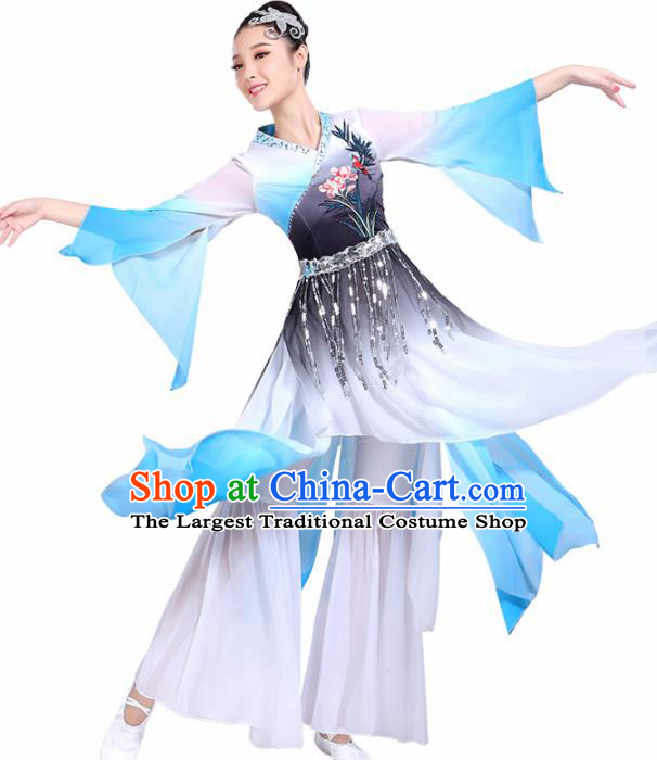 Chinese Traditional Umbrella Dance Blue Dress Classical Dance Fan Dance Costume for Women