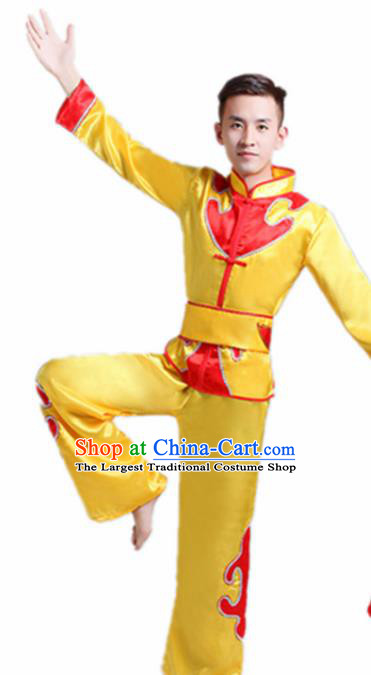 Traditional Chinese Drum Dance Folk Dance Yellow Outfits Fan Dance Costume for Men