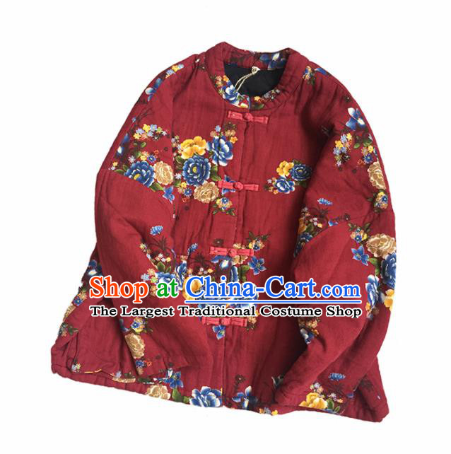 Chinese Traditional Tang Suit Printing Peony Purplish Red Cotton Wadded Jacket National Upper Outer Garment Costume for Women