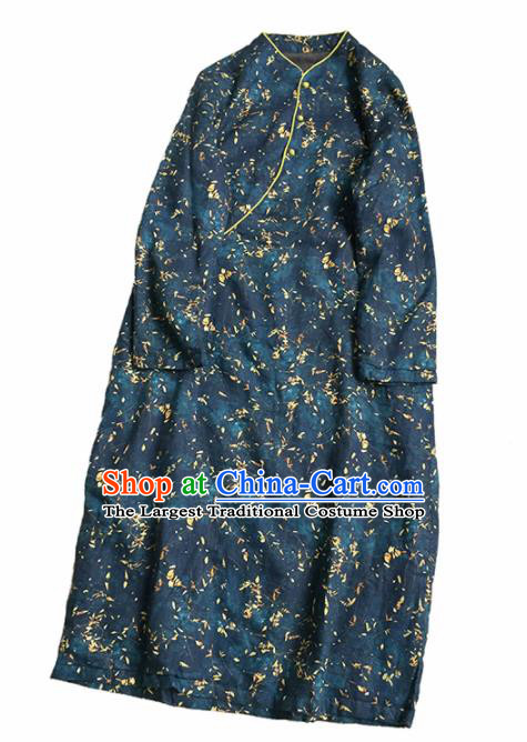 Chinese Traditional Tang Suit Printing Navy Linen Cheongsam National Costume Qipao Dress for Women