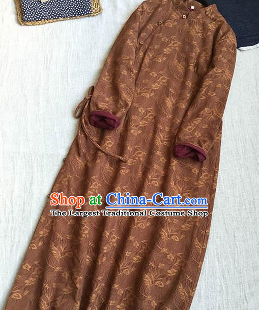 Chinese Traditional Tang Suit Printing Brown Linen Cheongsam National Costume Qipao Dress for Women