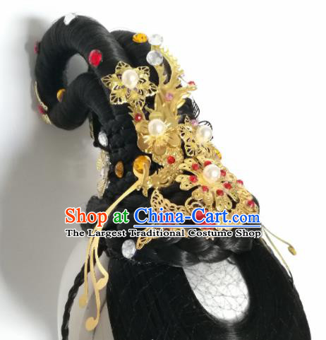 Traditional Chinese Classical Dance Ni Chang Dream Hair Accessories Water Sleeve Dance Wig Chignon Headdress for Women