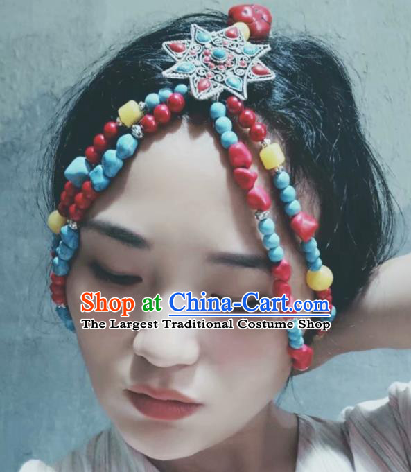 Chinese Traditional Zang Ethnic Colorful Stone Hair Accessories Tibetan Nationality Headwear for Women