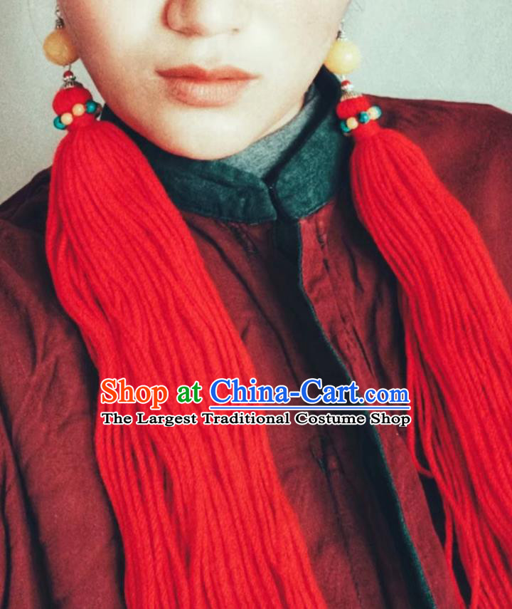 Chinese Traditional Ethnic Ear Accessories Nationality Red Wool Yarn Earrings for Women