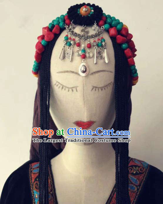 Chinese Traditional Tibetan Ethnic Braid Tassel Hair Accessories Zang Minority Nationality Headwear for Women