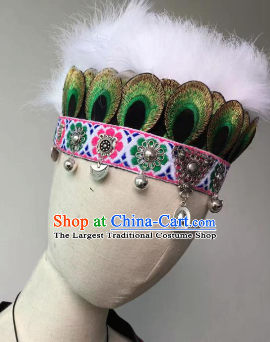 Chinese Traditional Miao Ethnic Feather Hair Accessories Peacock Dance Hair Crown Headwear for Women