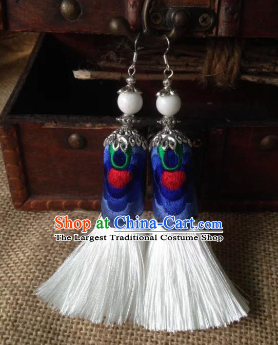 Chinese Traditional Ethnic White Tassel Ear Accessories Miao Nationality Embroidered Earrings for Women