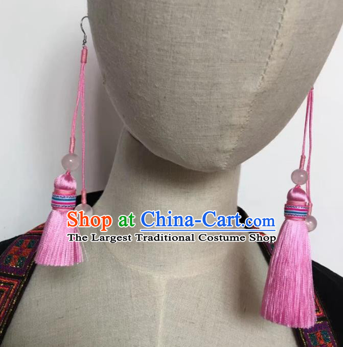 Chinese Traditional Ethnic Pink Tassel Ear Accessories Miao Nationality Earrings for Women