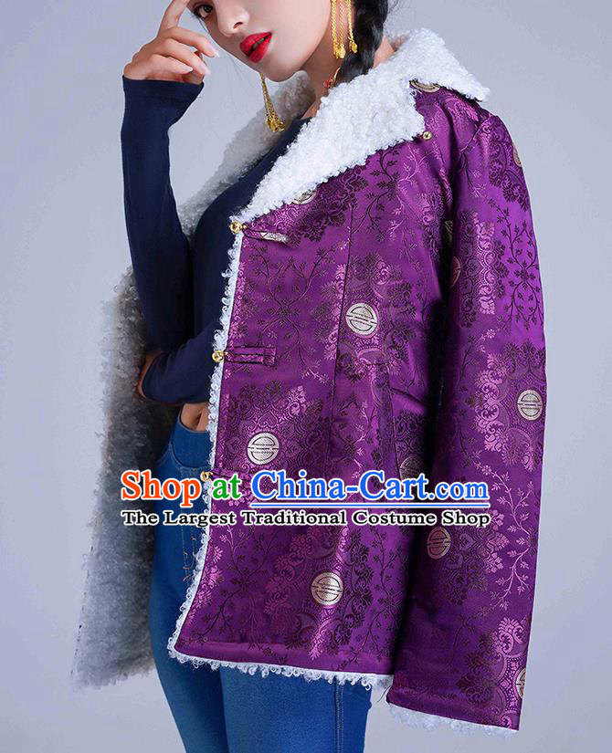 Traditional Chinese Zang Ethnic Purple Cotton Wadded Jacket Tibetan Minority Costume for Women