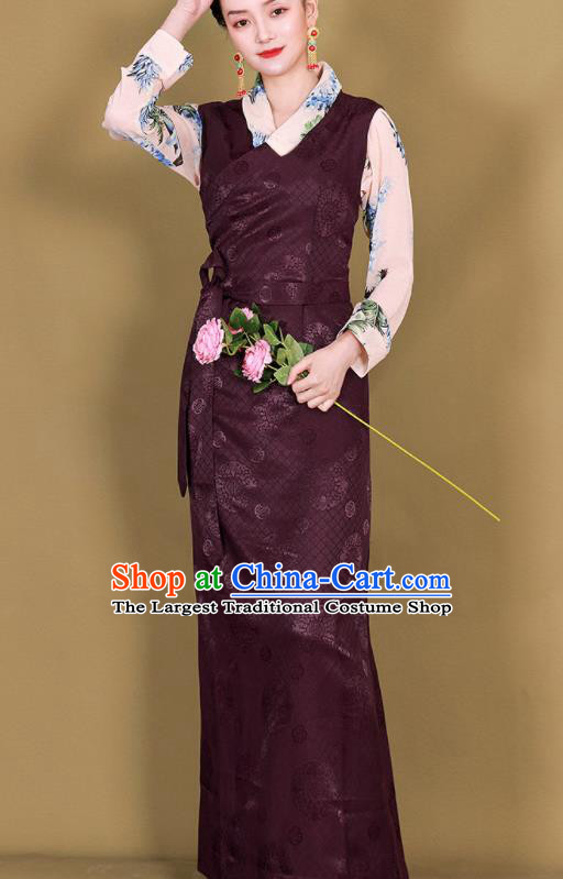 Traditional Chinese Zang Ethnic Deep Purple Guozhuang Dress Tibetan Minority Folk Dance Costume for Women