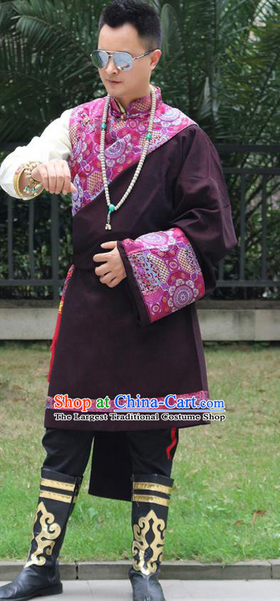 Chinese Traditional Ethnic Deep Purple Tibetan Robe Zang Nationality Costume for Men