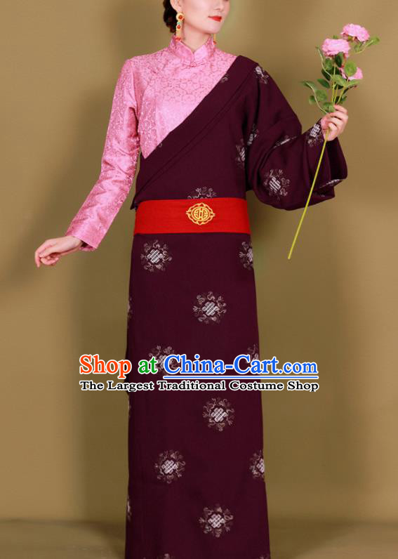 Traditional Chinese Zang Ethnic Purplish Red Guozhuang Dress Tibetan Minority Folk Dance Costume for Women