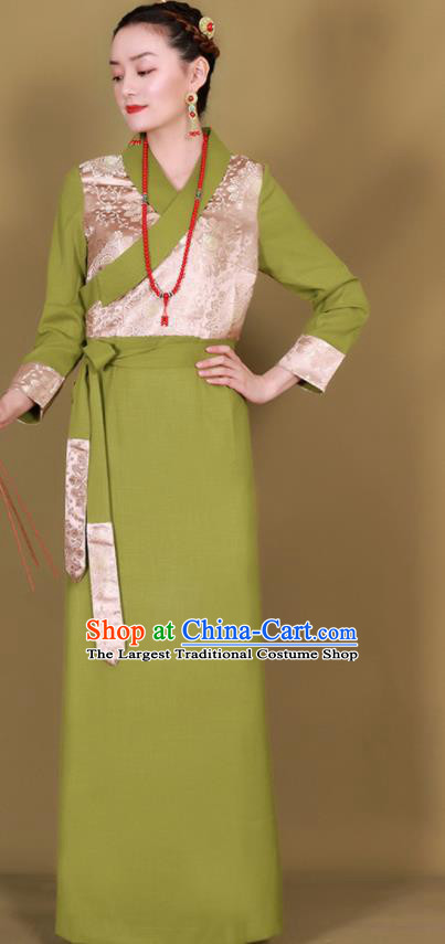 Traditional Chinese Zang Ethnic Kangba Green Dress Tibetan Minority Folk Dance Costume for Women