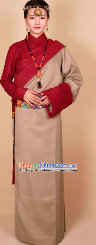 Traditional Chinese Zang Ethnic Guozhuang Khaki Robe Tibetan Minority Folk Dance Costume for Women