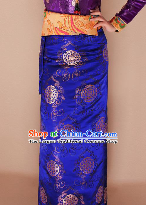 Traditional Chinese Zang Ethnic Royalblue Brocade Skirt Tibetan Minority Folk Dance Costume for Women