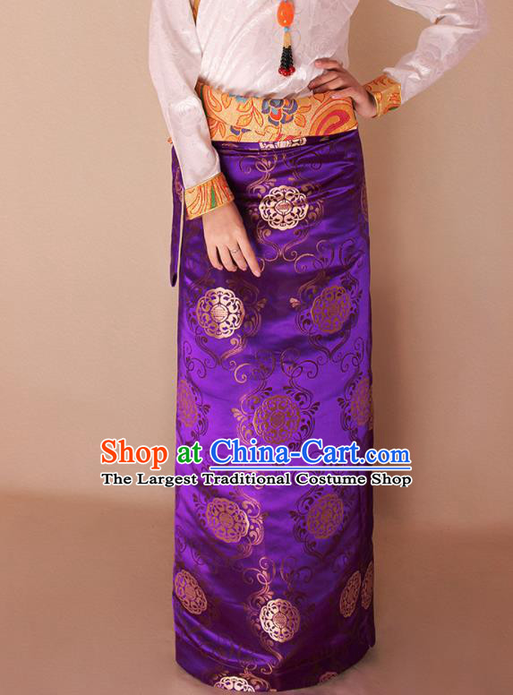 Traditional Chinese Zang Ethnic Purple Brocade Skirt Tibetan Minority Folk Dance Costume for Women