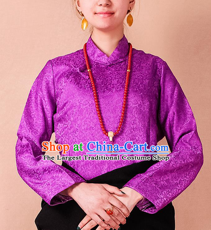 Traditional Chinese Zang Ethnic Purple Blouse Tibetan Minority Folk Dance Shirt Costume for Women