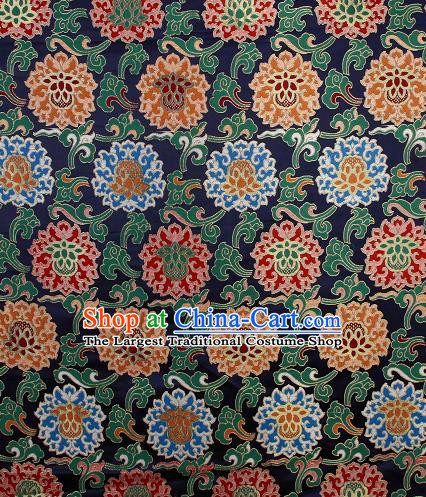 Asian Chinese Traditional Buddhism Lotus Pattern Navy Brocade Tibetan Robe Satin Fabric Silk Material