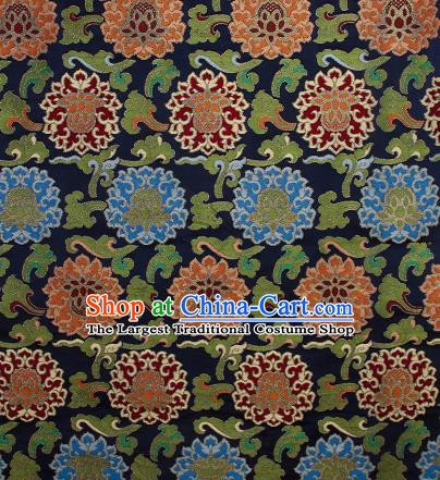 Asian Chinese Traditional Buddhism Auspicious Lotus Pattern Navy Brocade Tibetan Robe Satin Fabric Silk Material