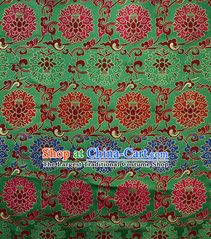 Asian Chinese Traditional Colorful Lotus Pattern Green Brocade Tibetan Robe Satin Fabric Silk Material