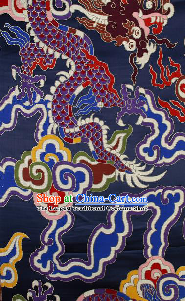 Asian Chinese Traditional Colorful Cloud Dragon Pattern Navy Brocade Tibetan Robe Satin Fabric Silk Material