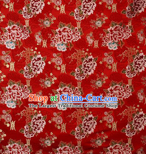 Asian Chinese Traditional Peony Plum Pattern Red Brocade Tibetan Robe Satin Fabric Silk Material