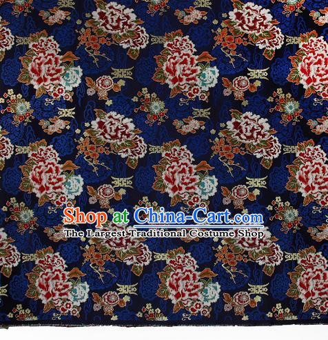 Asian Chinese Traditional Peony Plum Pattern Navy Brocade Tibetan Robe Satin Fabric Silk Material