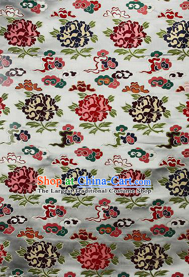 Asian Chinese Traditional Cloud Peony Pattern White Brocade Tibetan Robe Satin Fabric Silk Material