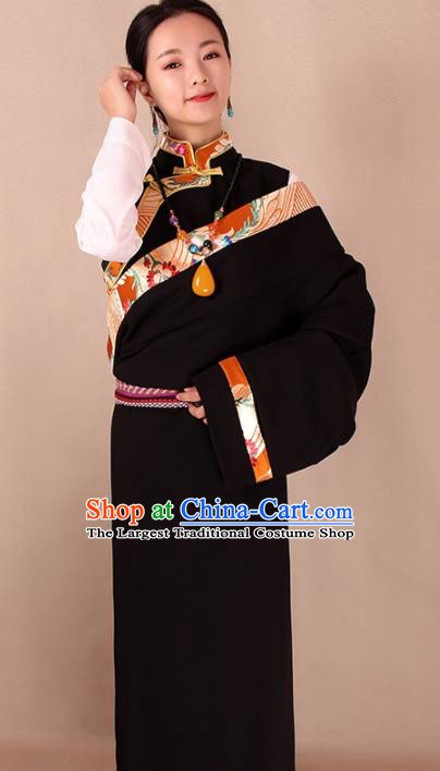 Traditional Chinese Zang Ethnic Black Kangba Robe Tibetan Minority Folk Dance Costume for Women