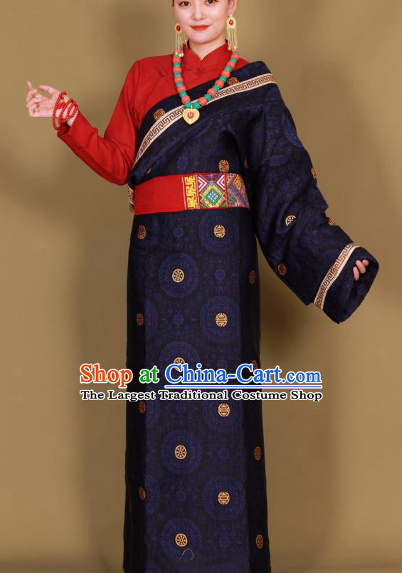 Traditional Chinese Zang Ethnic Guozhuang Navy Robe Tibetan Minority Folk Dance Costume for Women