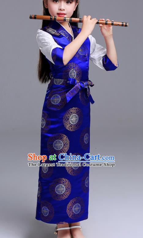 Traditional Chinese Zang Ethnic Girls Royalblue Dress Tibetan Minority Folk Dance Costume for Kids