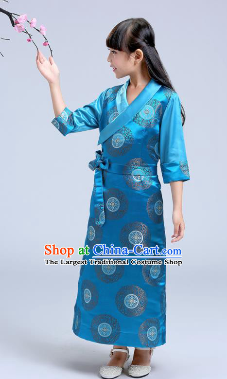 Traditional Chinese Zang Ethnic Girls Blue Dress Tibetan Minority Folk Dance Costume for Kids