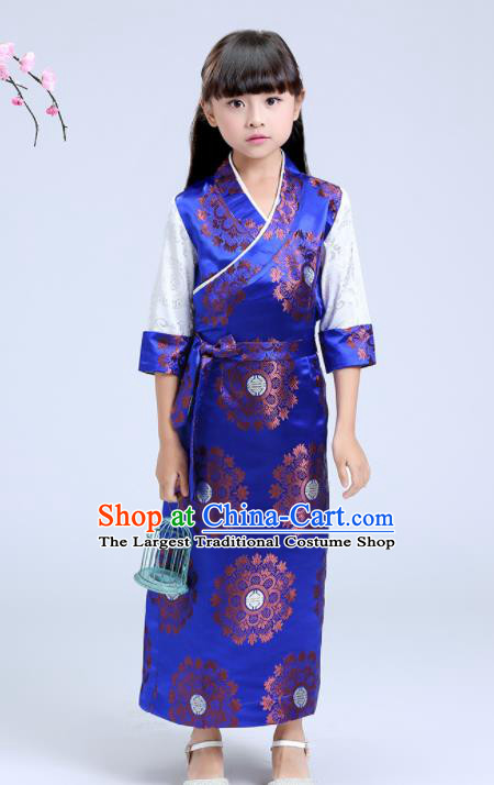 Traditional Chinese Zang Ethnic Girls Royalblue Brocade Dress Tibetan Minority Folk Dance Costume for Kids