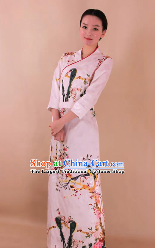 Traditional Chinese Zang Ethnic Printing White Dress Tibetan Minority Kangba Folk Dance Costume for Women