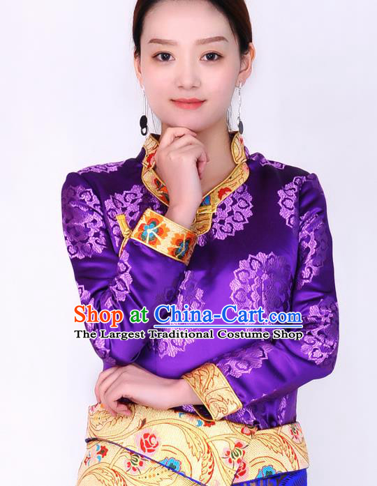 Traditional Chinese Zang Ethnic Purple Brocade Blouse Tibetan Minority Folk Dance Shirt Costume for Women