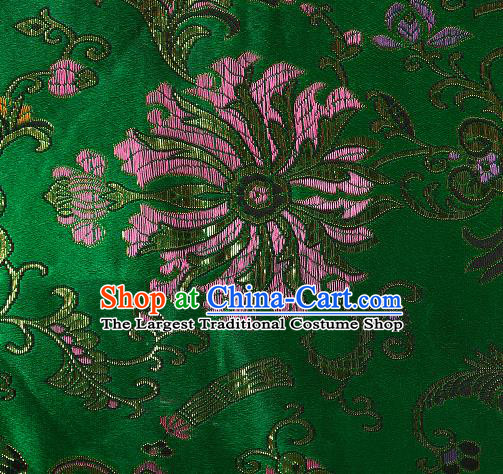 Asian Chinese Traditional Chrysanthemum Pattern Green Brocade Tibetan Robe Satin Fabric Silk Material