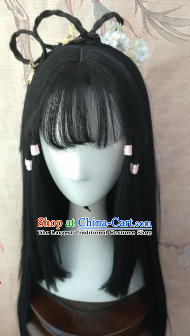 Chinese Traditional Cosplay Female Swordsman Huang Rong Wigs Ancient Nobility Lady Wig Sheath Hair Accessories for Women