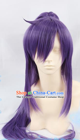 Chinese Traditional Cosplay Young Hero Purple Wigs Ancient Swordsman Wig Sheath Hair Accessories for Men