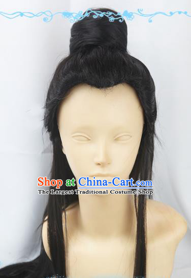 Chinese Traditional Cosplay Young Hero Black Wigs Ancient Swordsman Wig Sheath Hair Accessories for Men