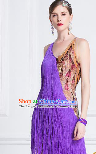 Top Grade Latin Dance Samba Purple Tassel Dress Modern Dance International Ballroom Dance Costume for Women