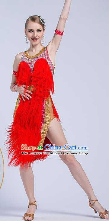 Top Grade Latin Dance Competition Cha Cha Red Tassel Dress Modern Dance International Ballroom Dance Costume for Women