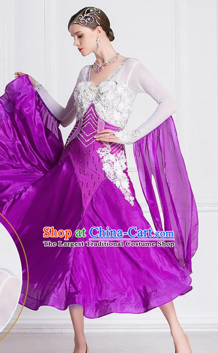 Professional International Waltz Dance Purple Dress Ballroom Dance Modern Dance Competition Costume for Women