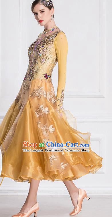 Professional International Waltz Dance Golden Dress Ballroom Dance Modern Dance Competition Costume for Women