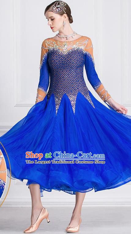 Professional International Waltz Dance Royalblue Veil Dress Ballroom Dance Modern Dance Competition Costume for Women