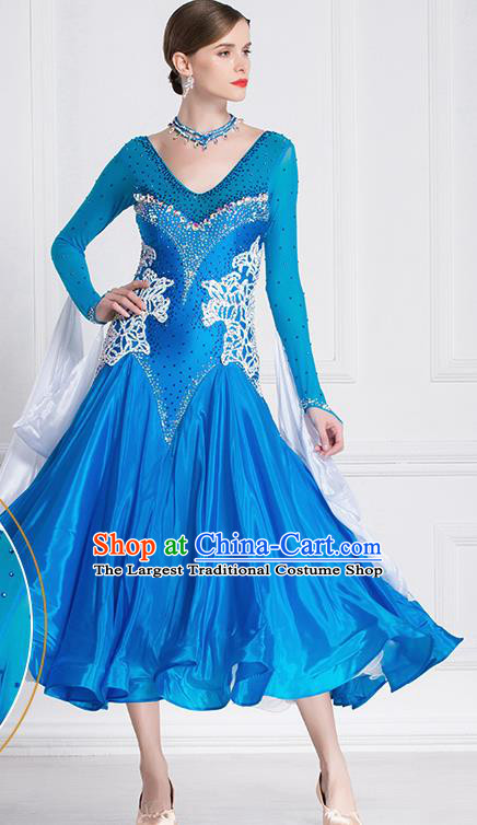 Professional International Waltz Dance Blue Dress Ballroom Dance Modern Dance Competition Costume for Women