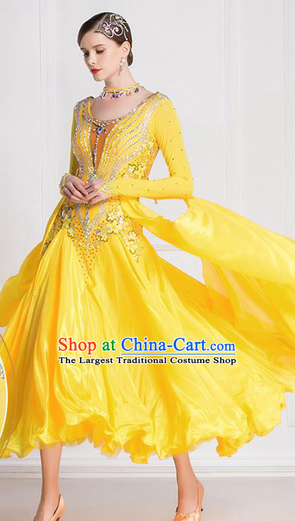 Professional International Waltz Dance Yellow Dress Ballroom Dance Modern Dance Competition Costume for Women