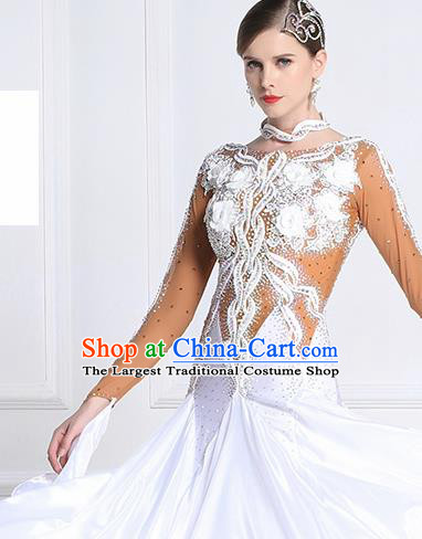 Top Grade International Waltz Dance White Flowers Dress Ballroom Dance Modern Dance Costume for Women