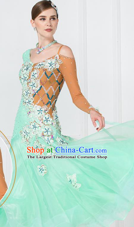 Professional Modern Dance Waltz Light Green Dress International Ballroom Dance Competition Costume for Women